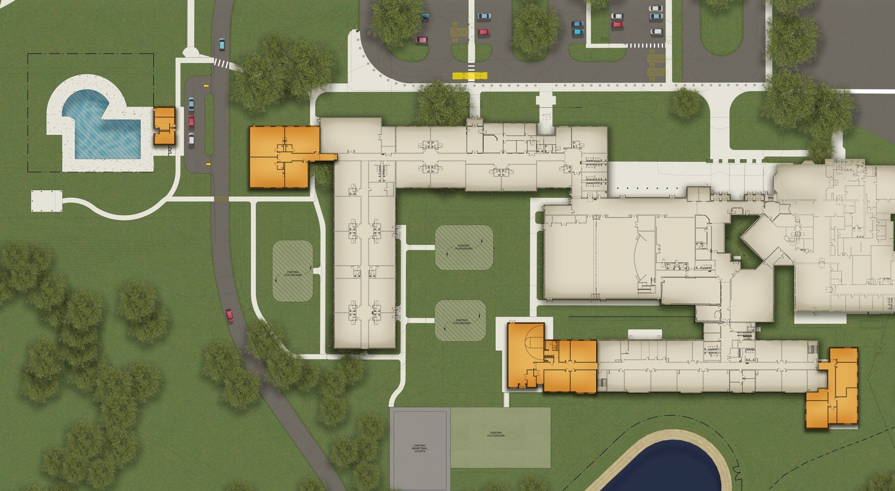 Site plan of the Oakwood Campus with the Phase II expansion highlighted in orange